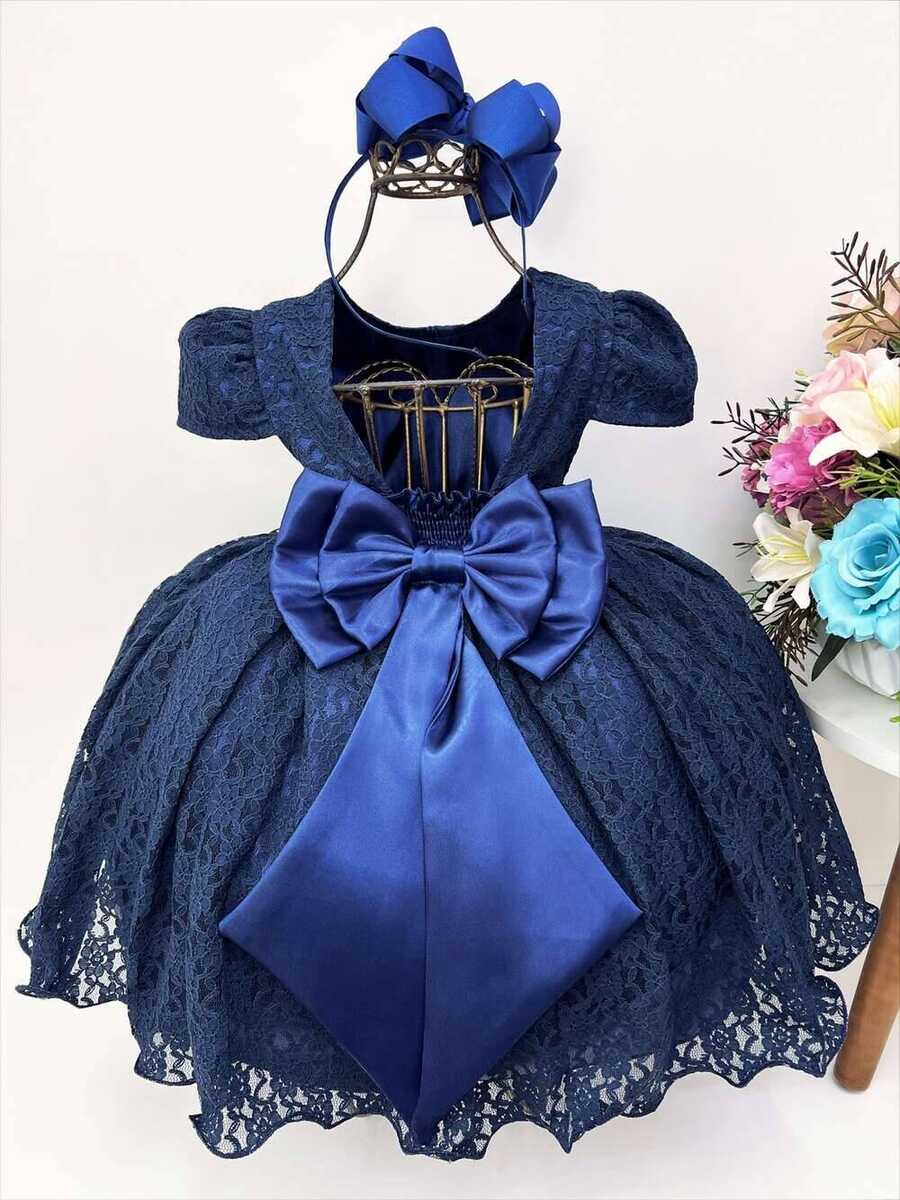 Vestido Infantil Realeza Azul Marinho Renda e Pérolas Festa