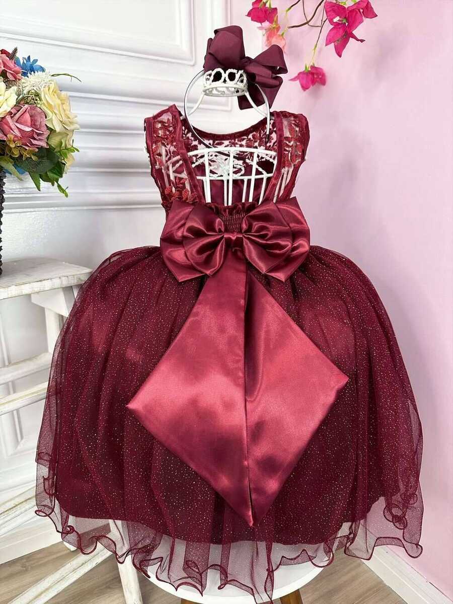 Vestido Infantil Marsala Renda e Tule C/ Brilho Damas Honra