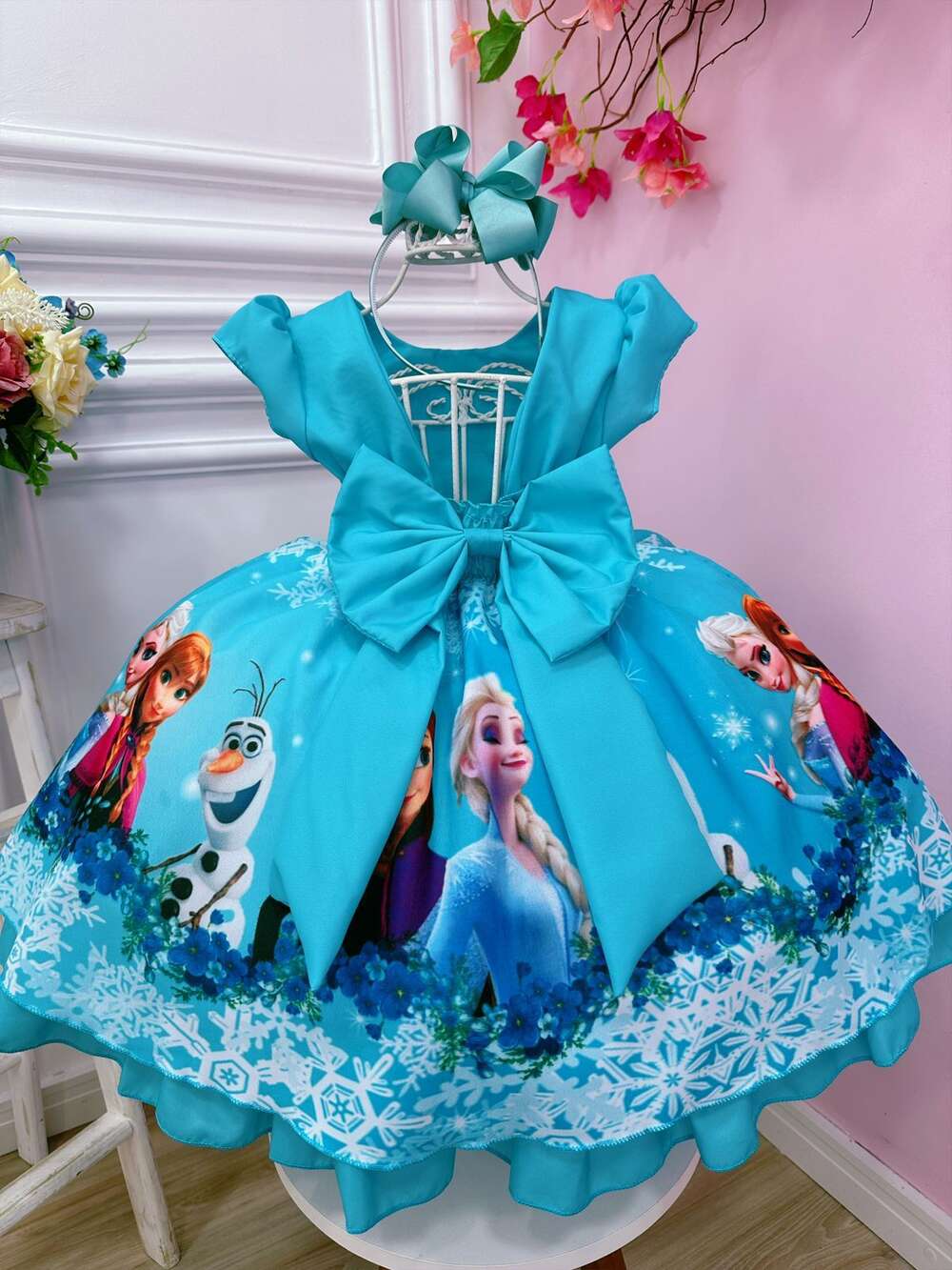 Vestido Infantil Frozen Elsa e Anna Verde Tiffany Strass