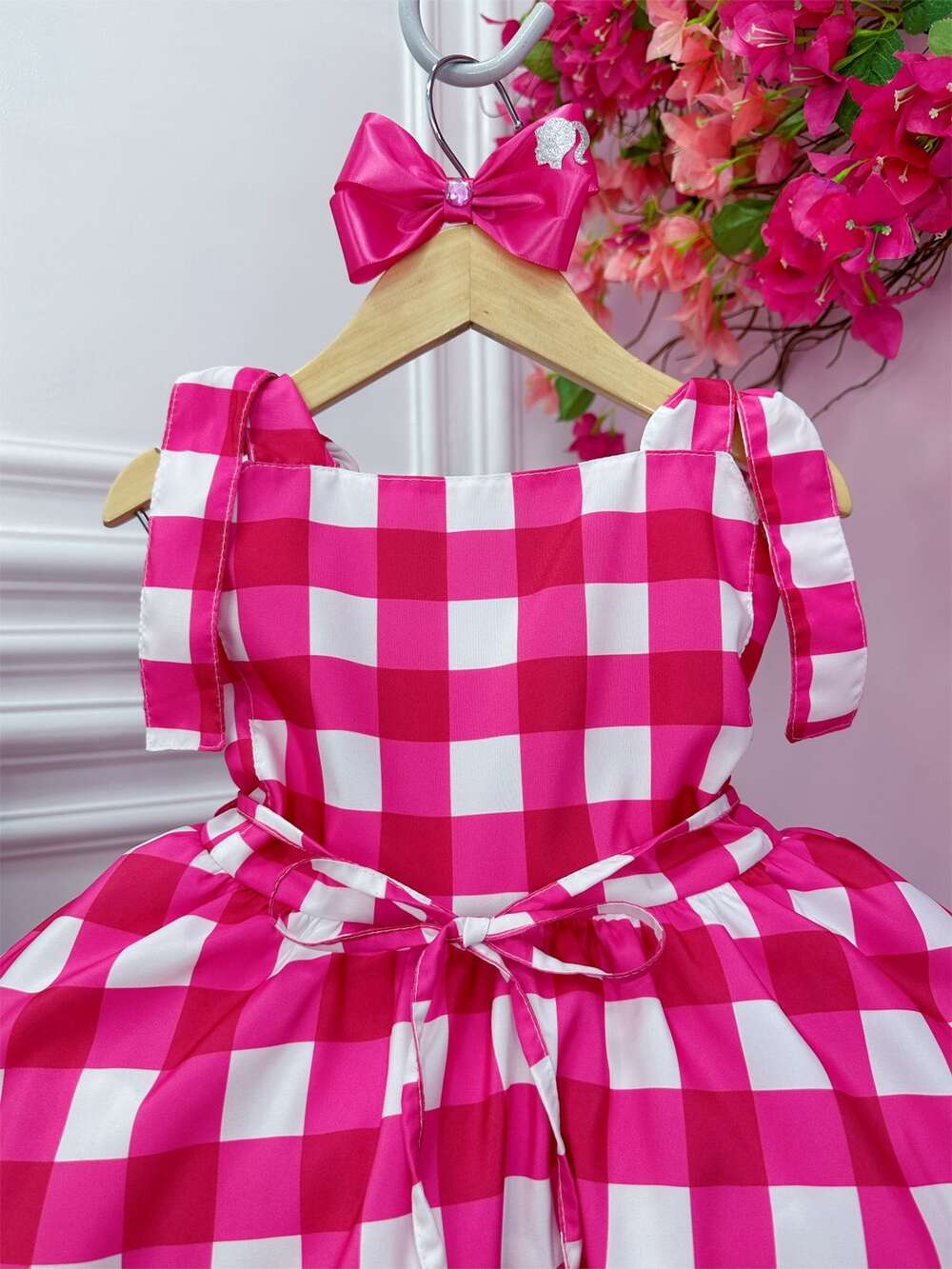 Vestido Infantil Barbie Xadrez Pink Com Laço