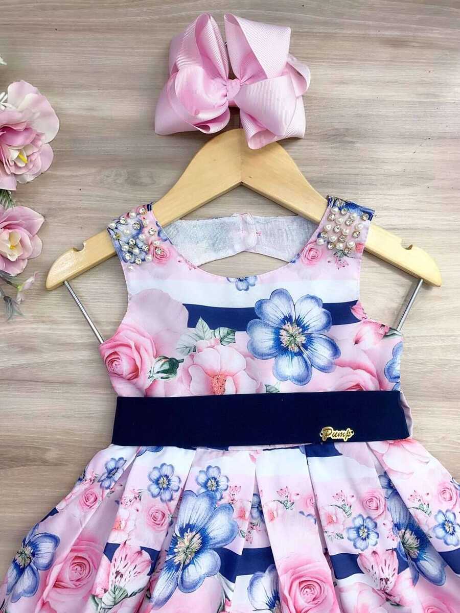 Vestido Infantil Floral Rosa e Azul Marinho Pérolas Strass