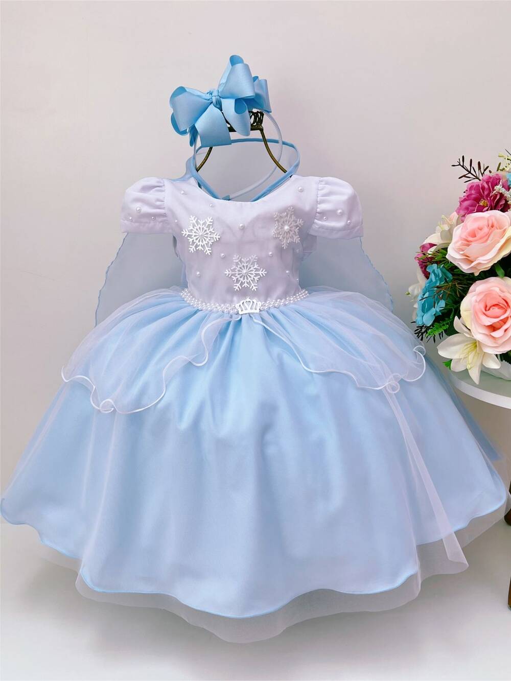 VESTIDO INFANTIL FROZEN COM CAPA PÉROLAS FESTAS DE PRINCESAS