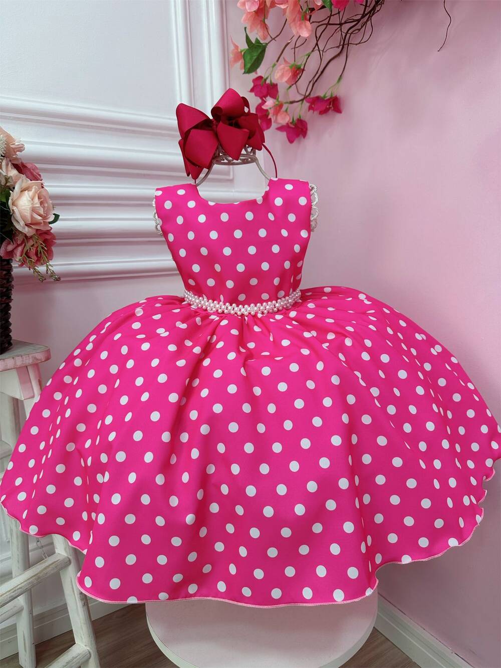 Vestido Infantil Barbie Rosa Chiclete C/ Bolinhas Brancas