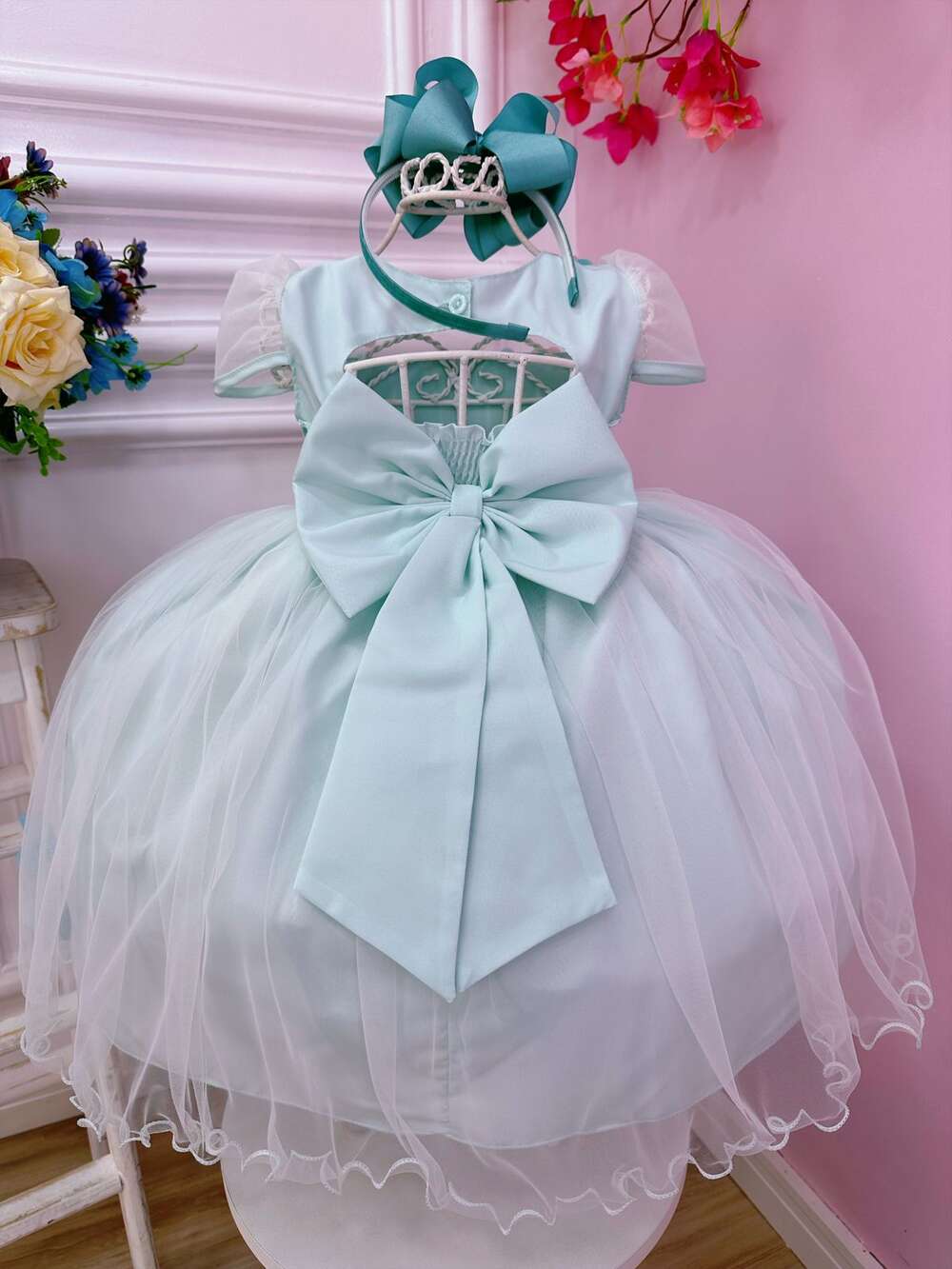 Vestido Infantil Verde Busto Plissado Com Flores Borboleta