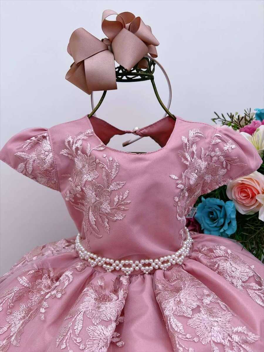 Vestido Infantil Rose C/ Renda Cinto de Pérolas Daminhas