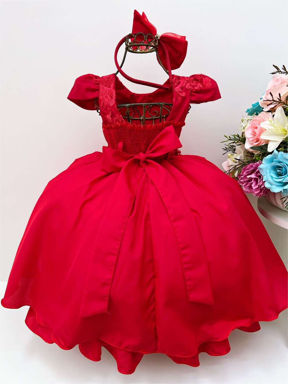 Vestido Infantil Vermelho Renda C/ Cinto de Pérolas C/Tiara