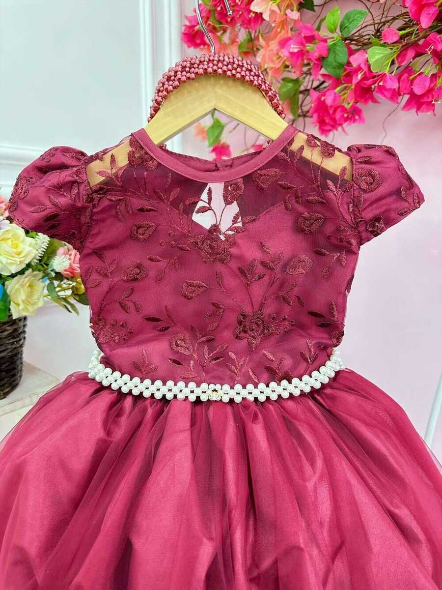 Vestido Infantil Damas Honra Casamento Marsala Renda Pérola