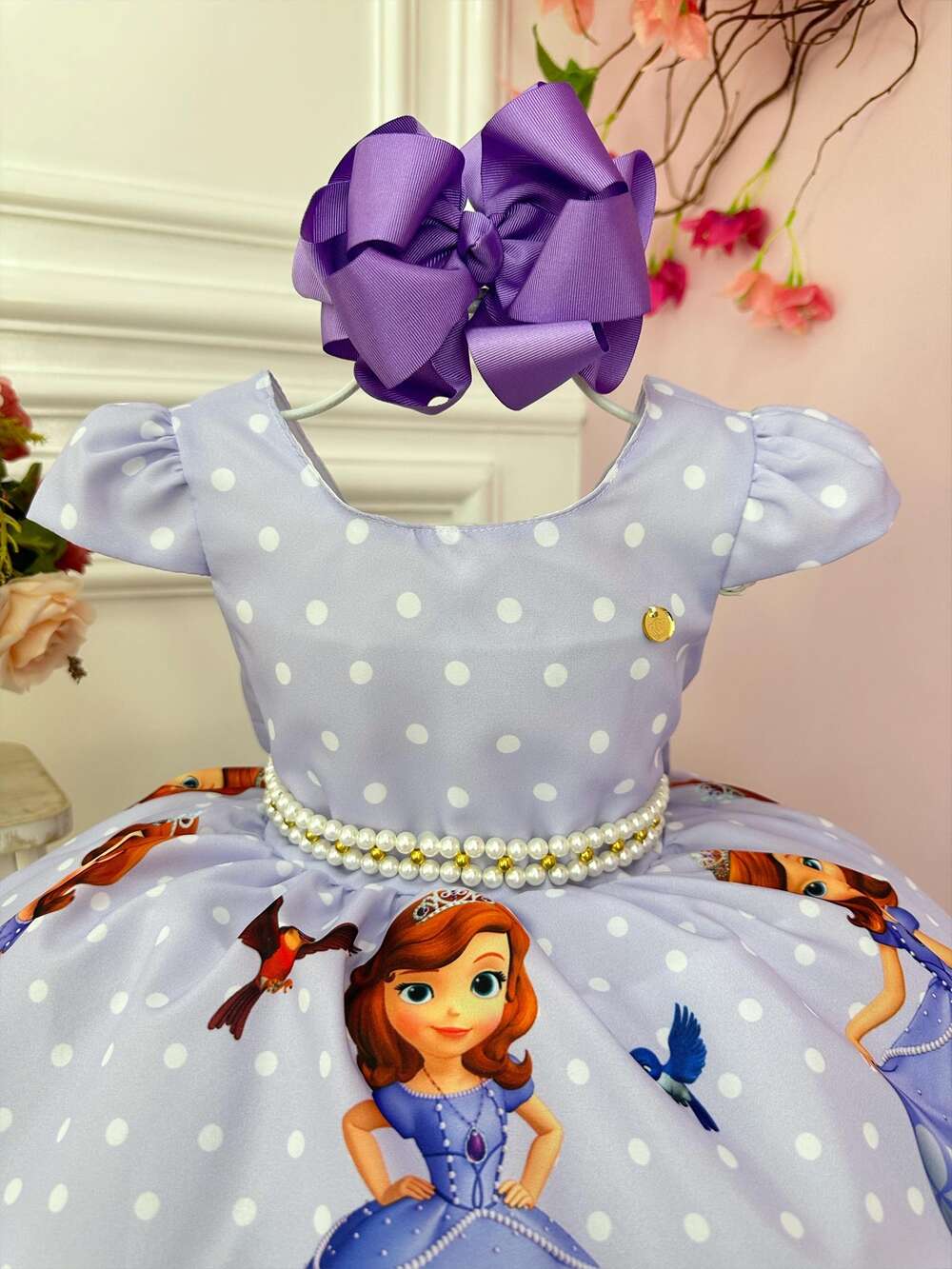 Vestido Infantil Lilás Bolinhas Princesa Sofia Cinto Pérolas