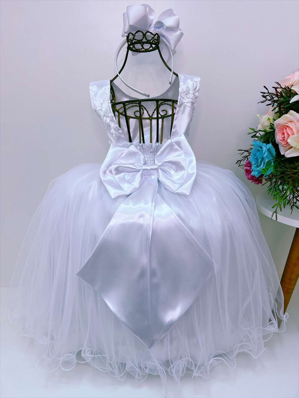 Vestido Infantil Branco Damas de Honra C/ Pérola e Strass