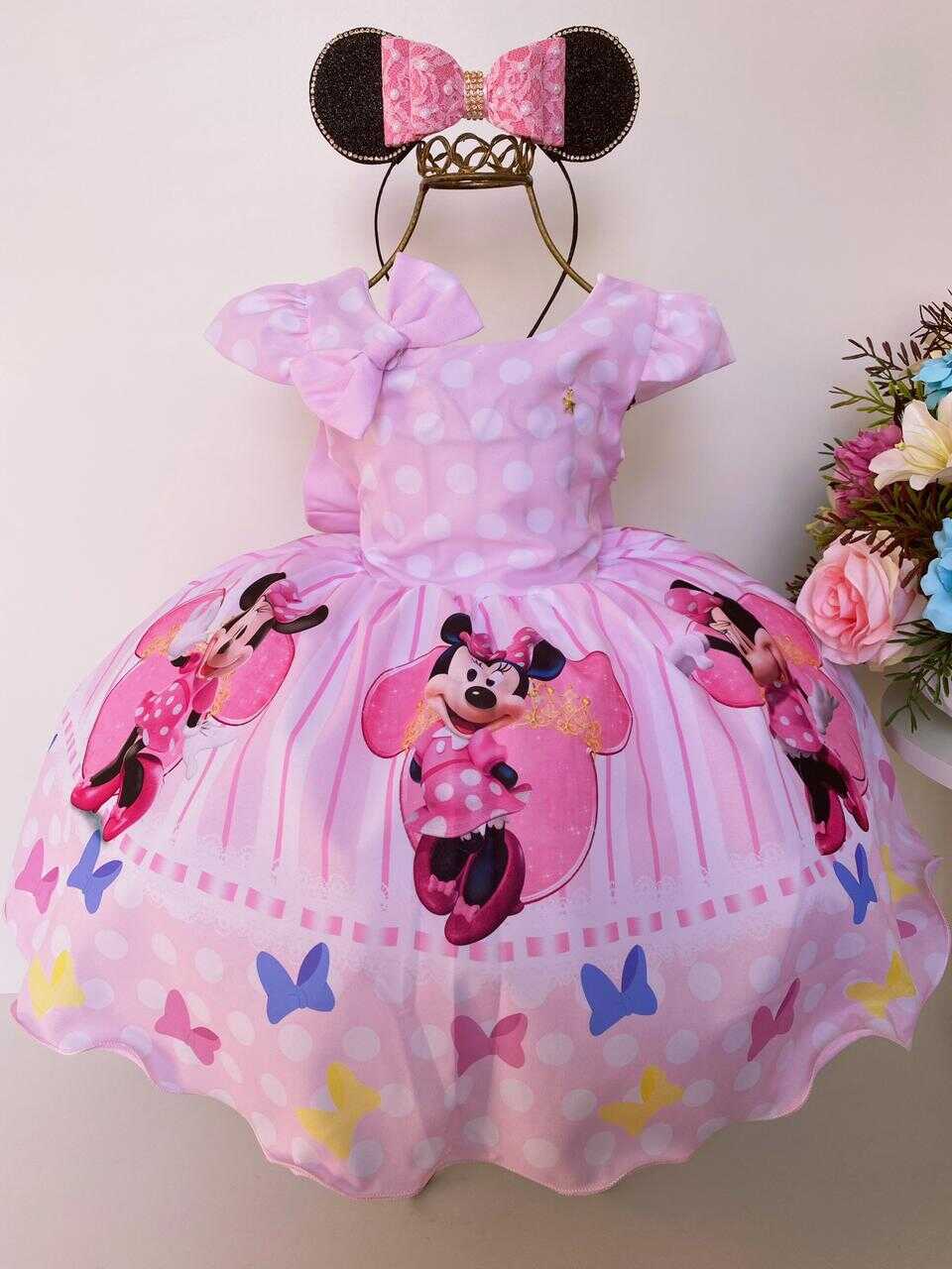 Vestido Infantil Minnie C/ Laço Para Cabelo Rosa Luxo