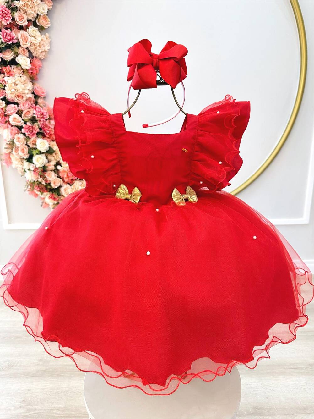 Vestido Infantil Vermelho Broches Dourados Natal Festa