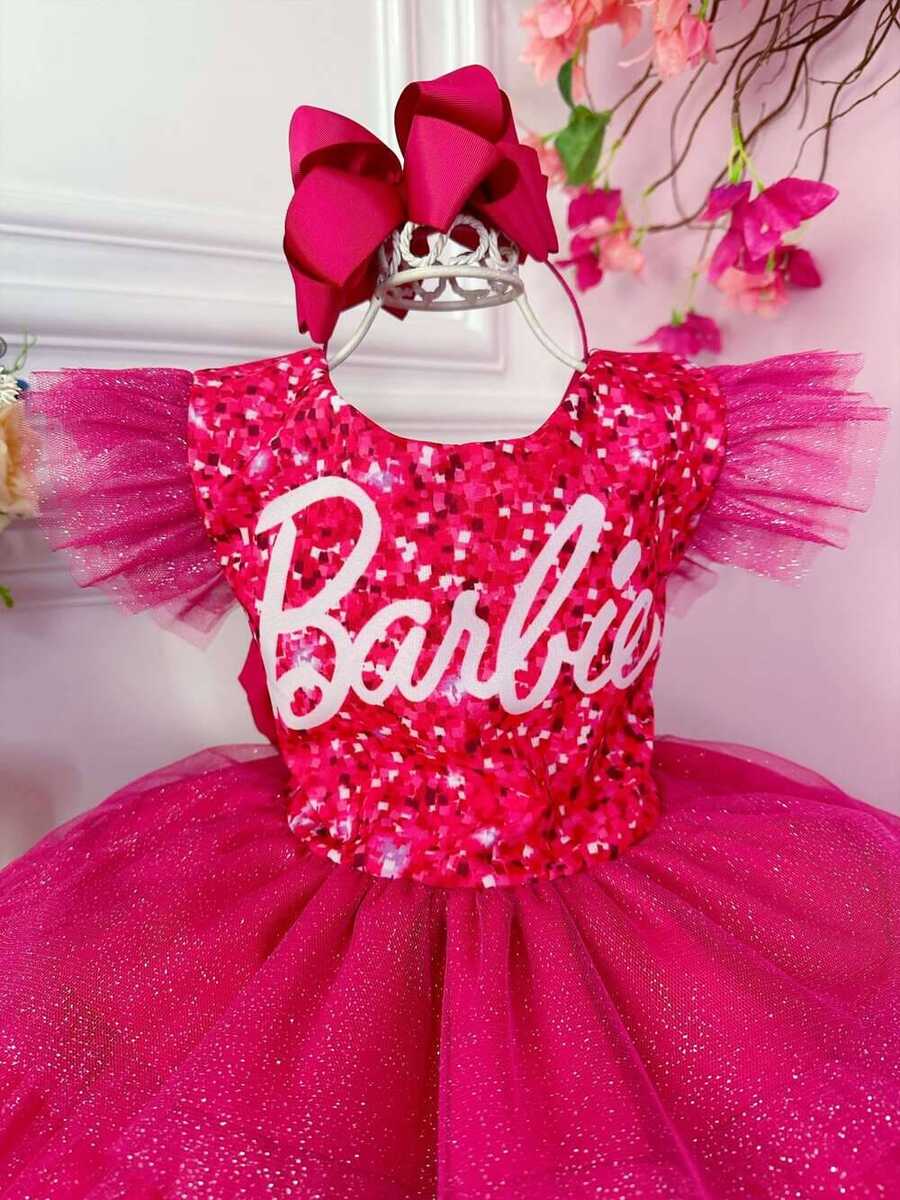 Vestido infantil Barbie Pink Babados Glitter Brilho luxo