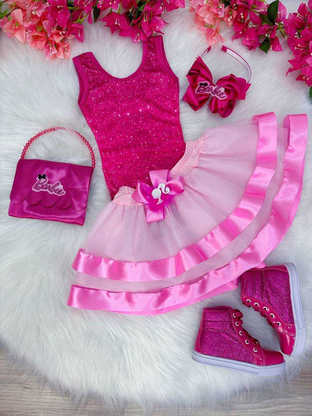 Fantasia Infantil Barbie Pink Body Saia Rosa Com Broche Luxo