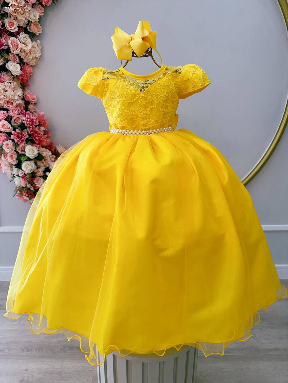 Vestido Infantil Amarelo Damas Honra Casamento Pérolas Renda