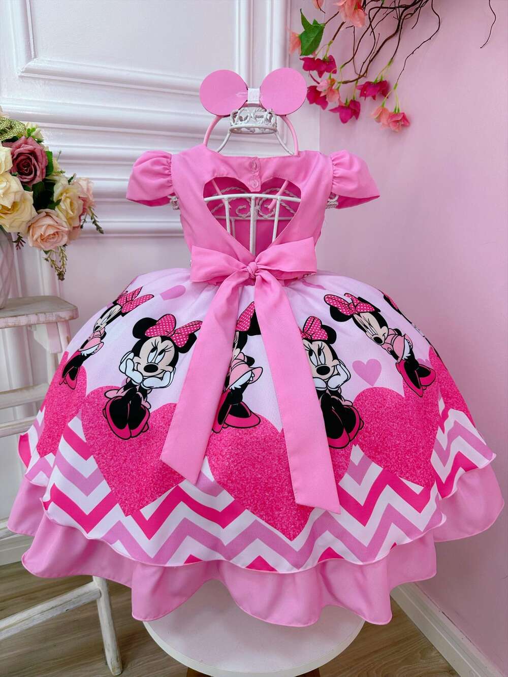 Vestido Infantil Minnie Rosa Cinto de Pérolas C/ Tiara