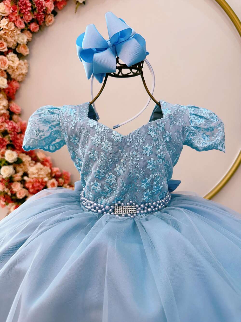 Vestido Infantil Azul C/ Renda e Cinto de Pérolas Festas