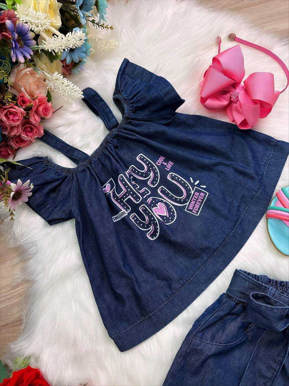 Conjunto Infantil Blusa e Short de Jeans Hey You Luxo