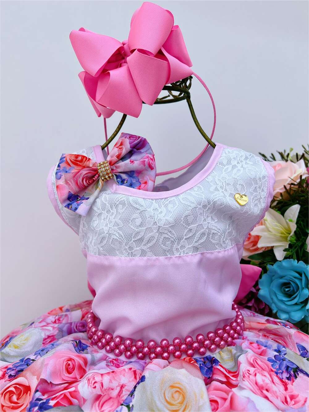 Vestido Infantil Rosa Florido C/ Laço e Cinto Pérolas Luxo