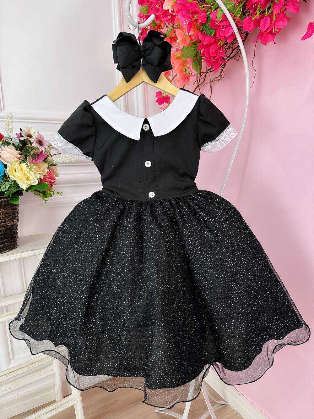 Vestido Infantil Wandinha Preto Saia C/ Glitter