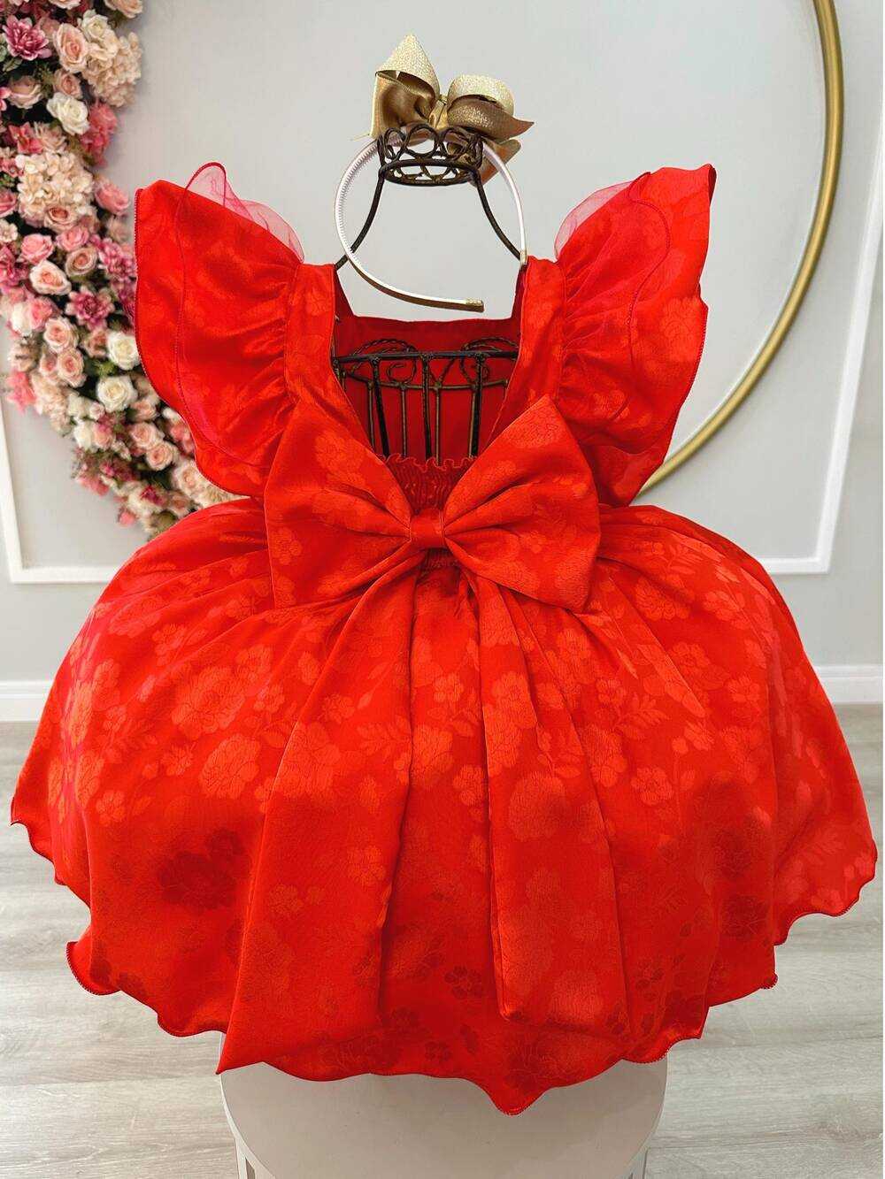 Vestido Infantil Vermelho Jacquard Broche Dourado Natal Festa