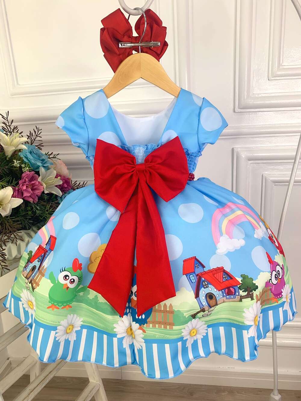 Vestido Infantil Azul Galinha Pintadinha na Fazenda Luxo