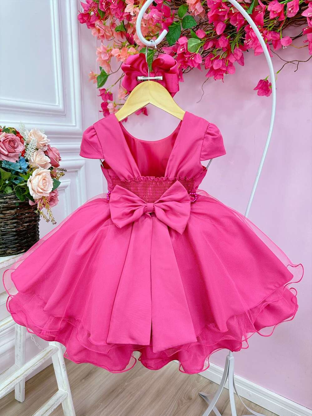 Vestido Infantil Barbie Luxo Pink Com Cinto de Pérolas