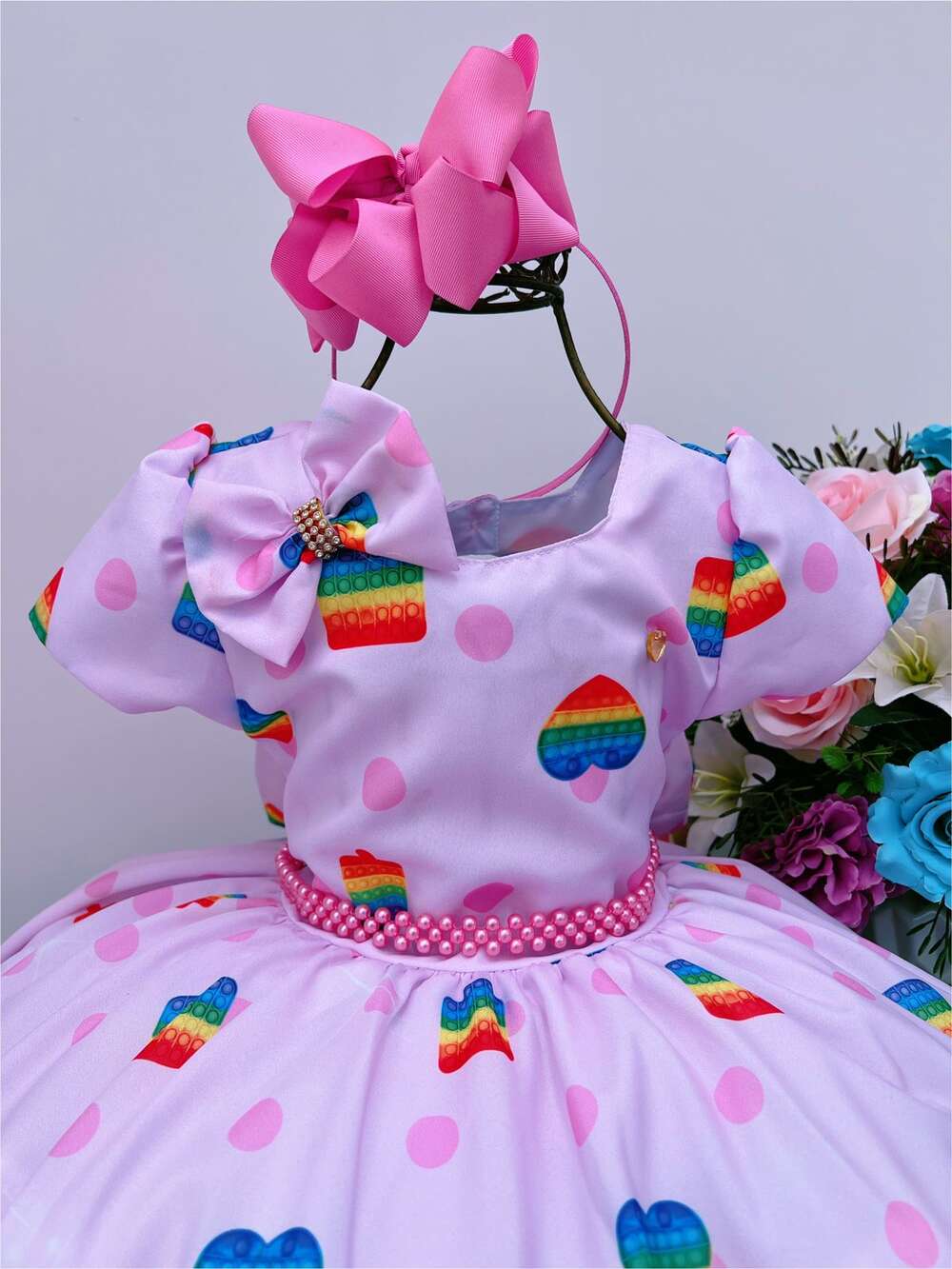 Vestido Infantil Rosa Estampado Pop It Com Laço