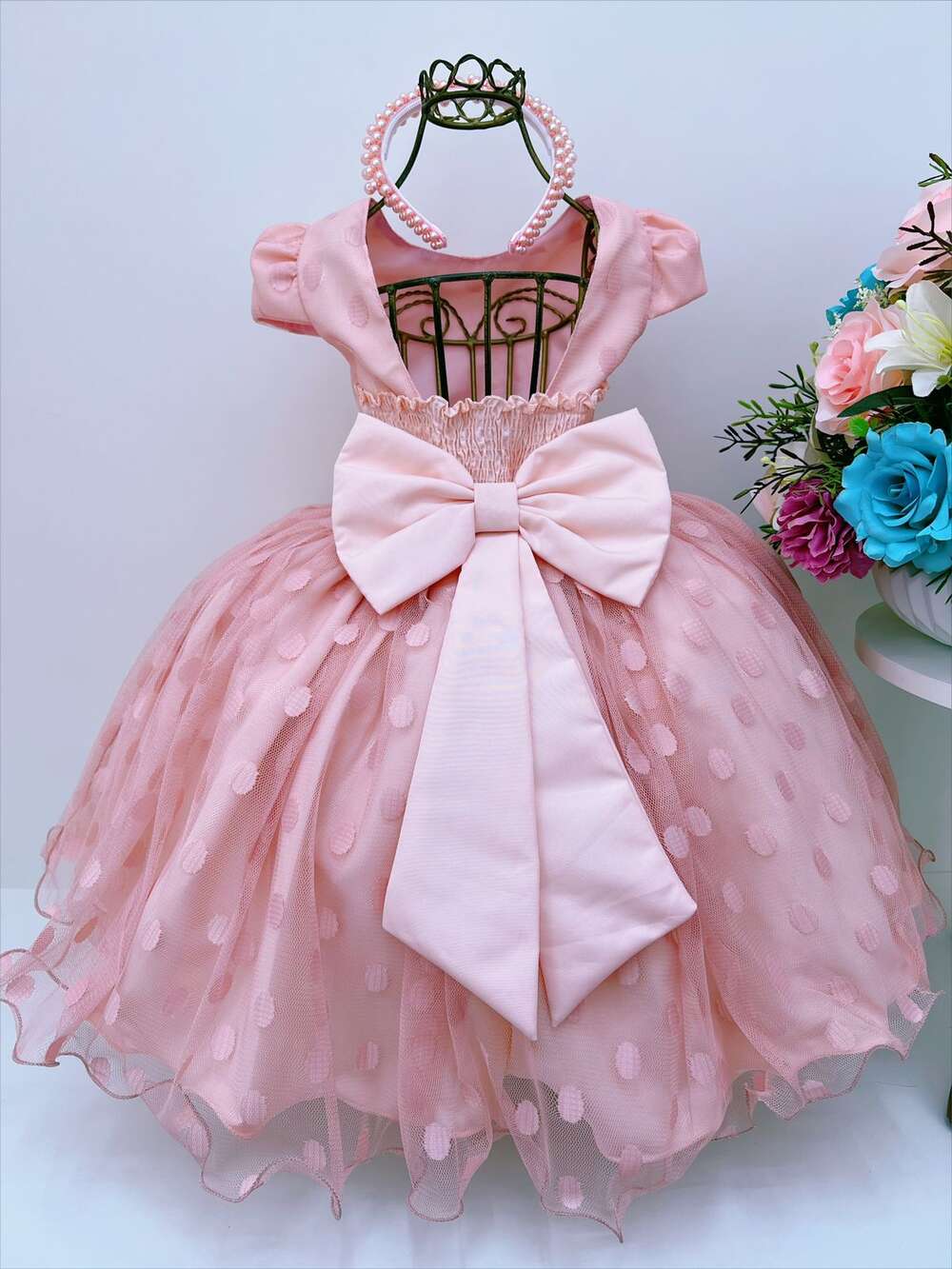 Vestido Infantil Nude Tule Com Bolinhas Strass e Pérolas