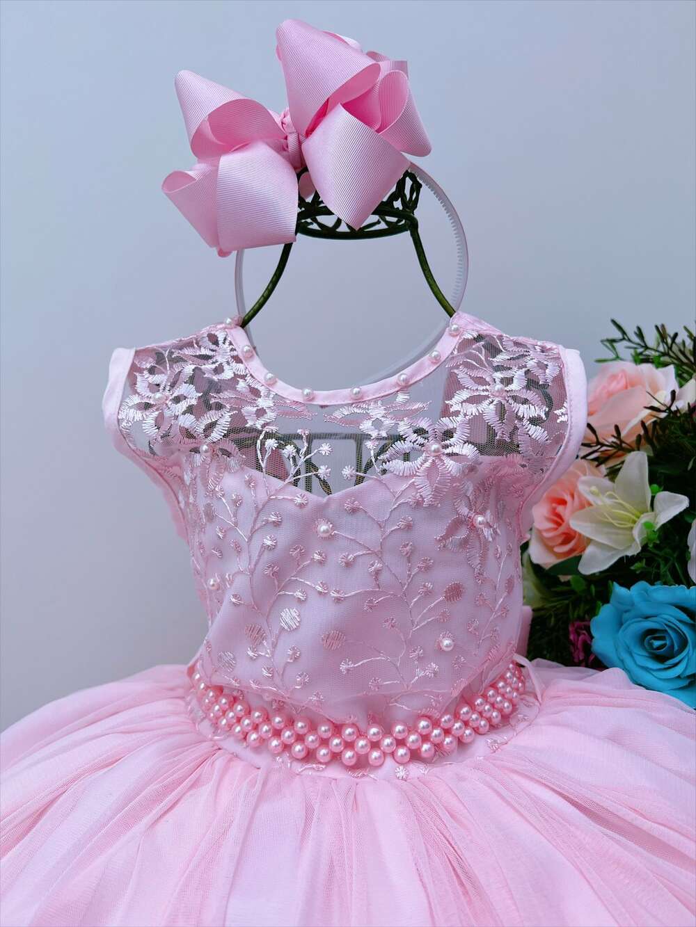 Vestido Infantil Rosa Renda de Luxo Cinto de Pérolas Damas