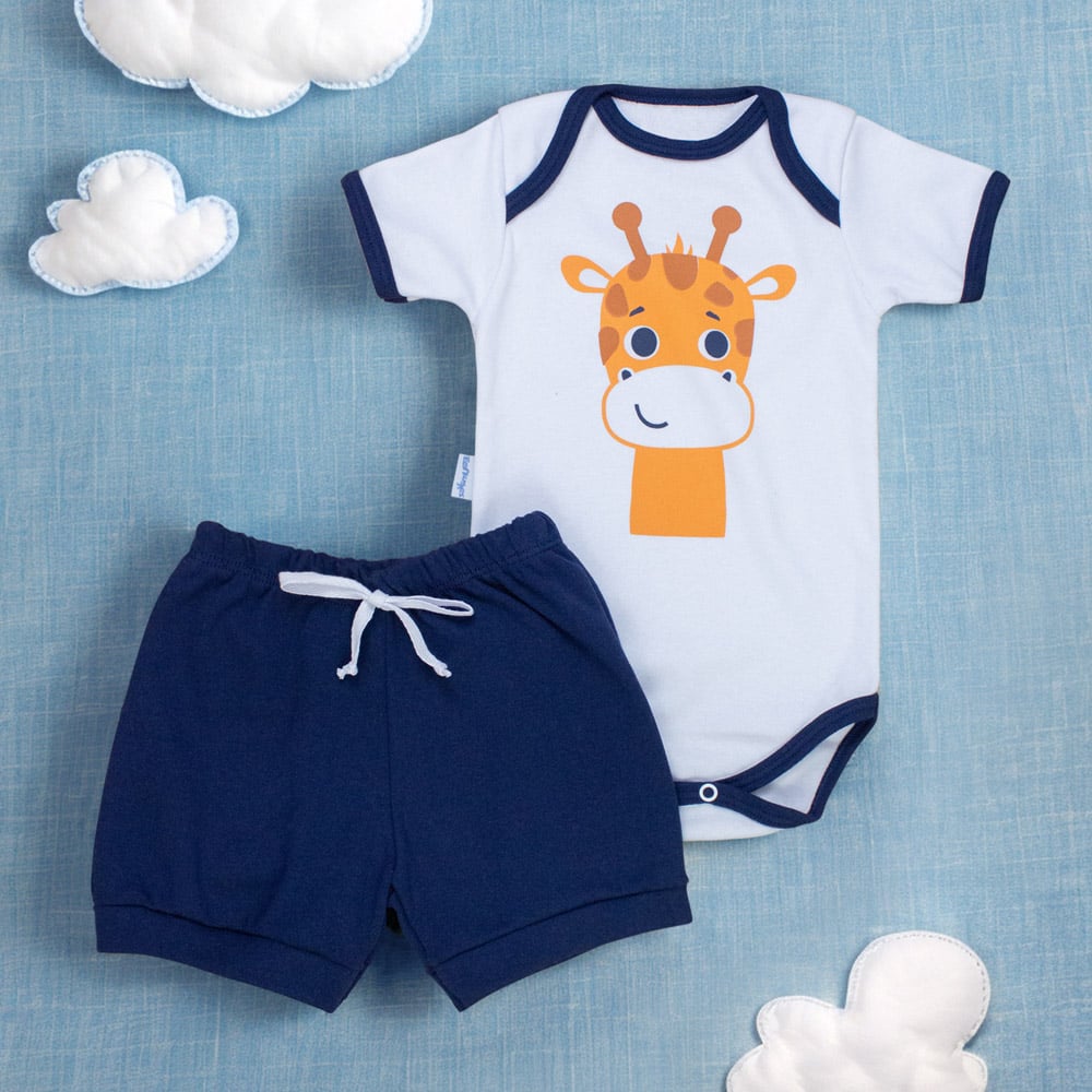 Conjunto Bebê Girafinha Azul Marinho Para Até 12 Meses