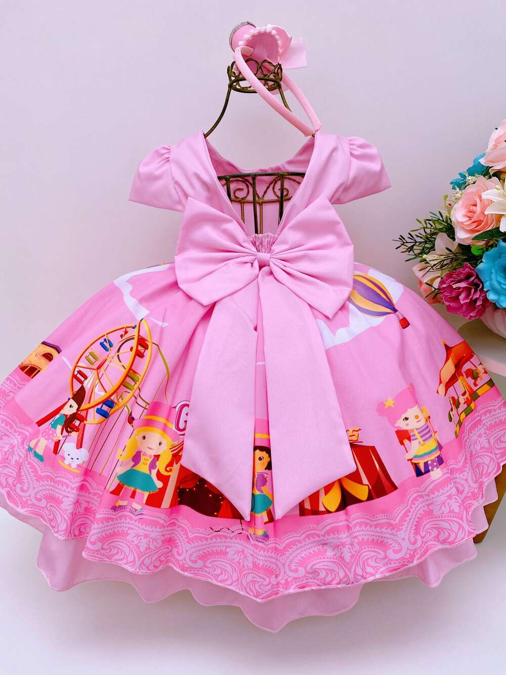 Vestido Infantil Rosa Circo C/ Cinto Pérolas