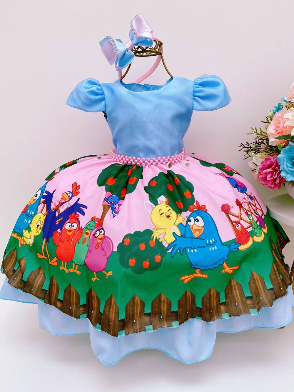 Vestido Infantil Galinha Pintadinha Azul Cinto Pérolas C/ Tiara