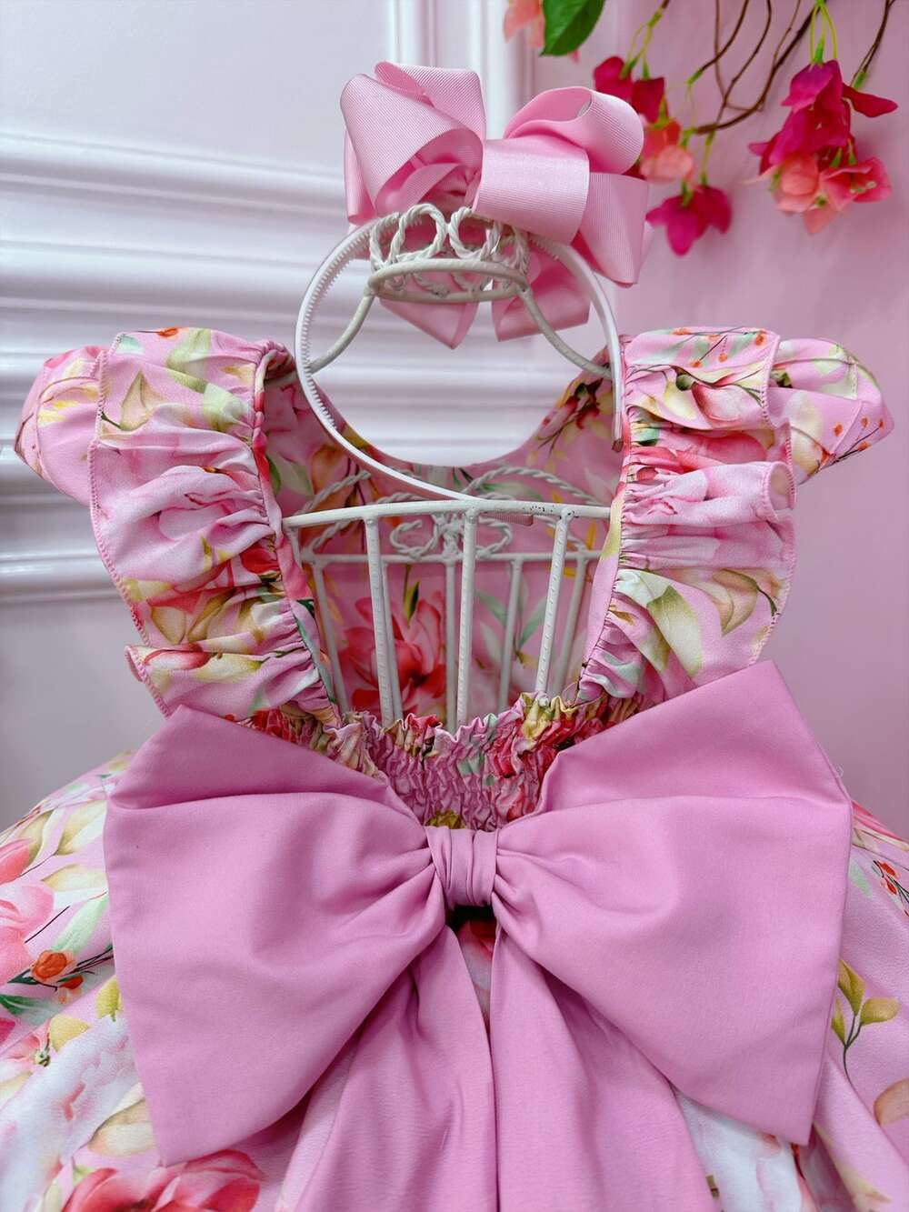 Vestido Infantil Rosa Peito Nervura Florido C/ Cinto Pérolas