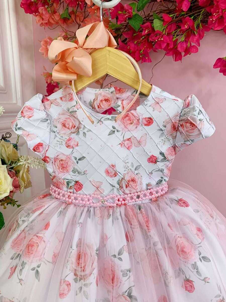 Vestido Infantil Branco Peito Nervura e Florido de Rosas