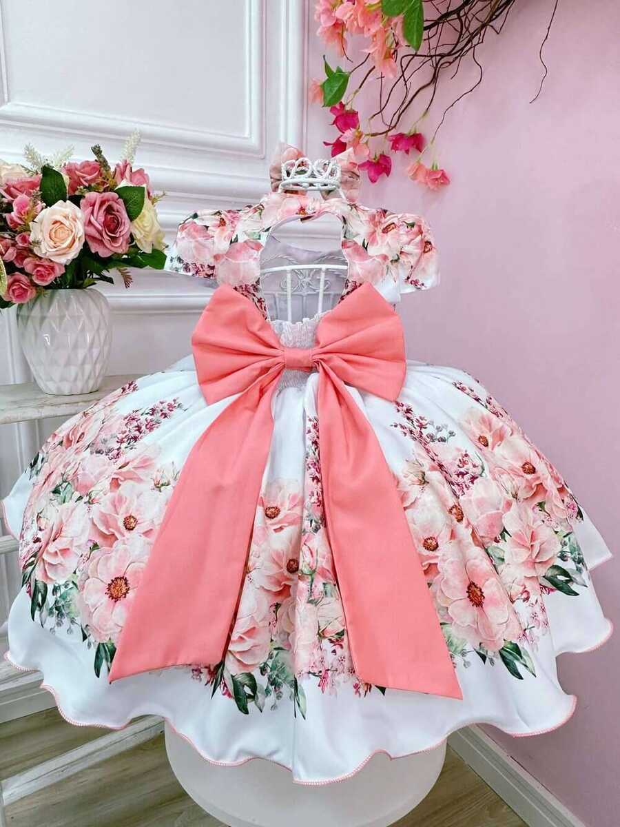 Vestido Infantil Branco Jardim das Flores C/ Cinto E Laço