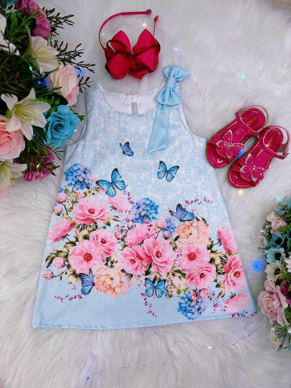 Vestido Infantil Trapézio Azul Bebê Jardim Borboletas Luxo