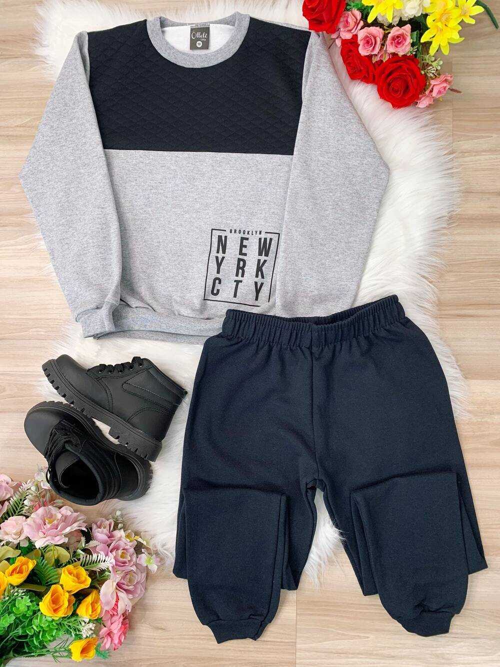 Conjunto de Moletom Blusa e Calça Preto e Cinza New York