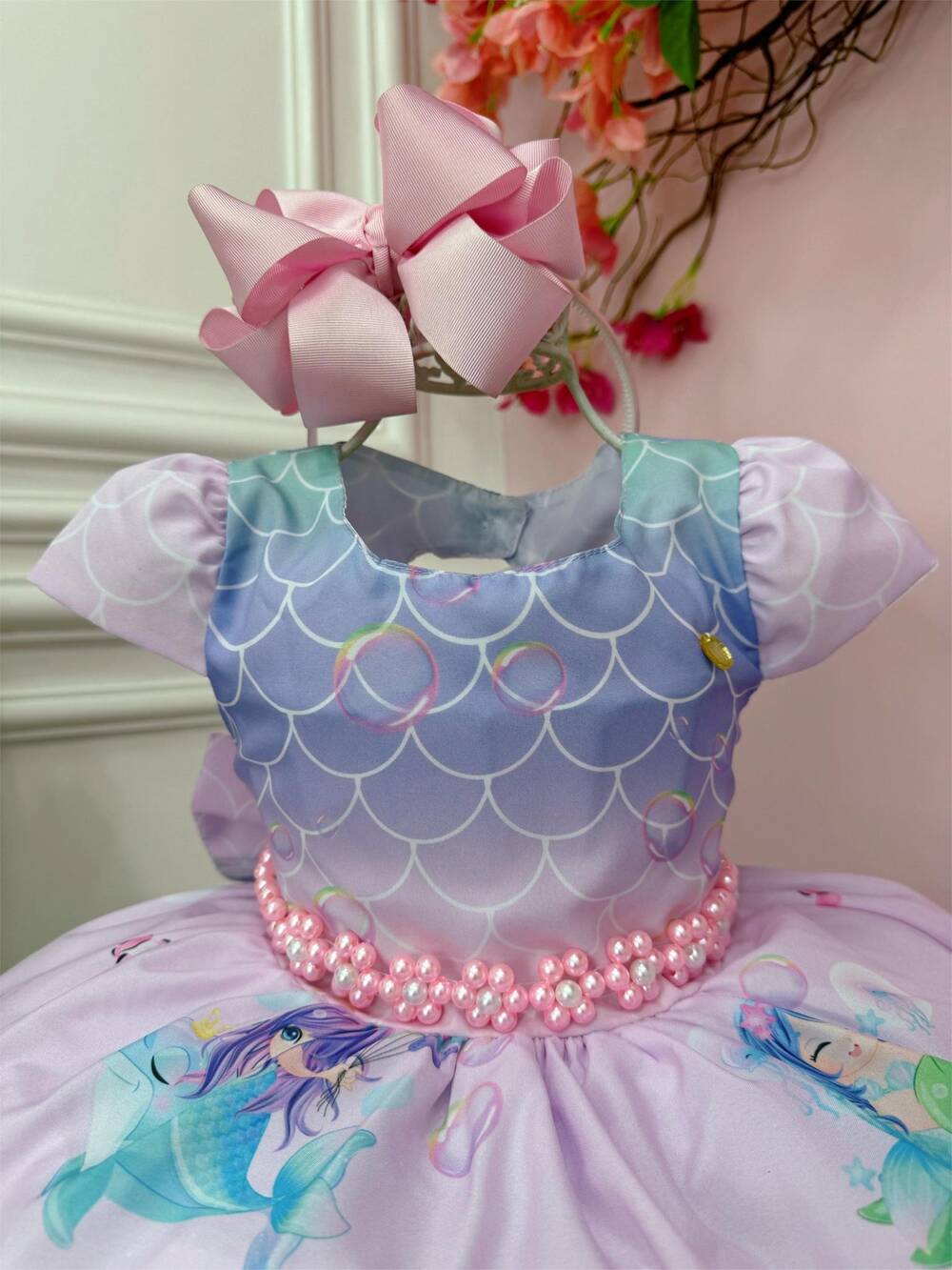 Vestido Infantil Rosa e Lilás Sereia Escamas e Cinto Pérolas