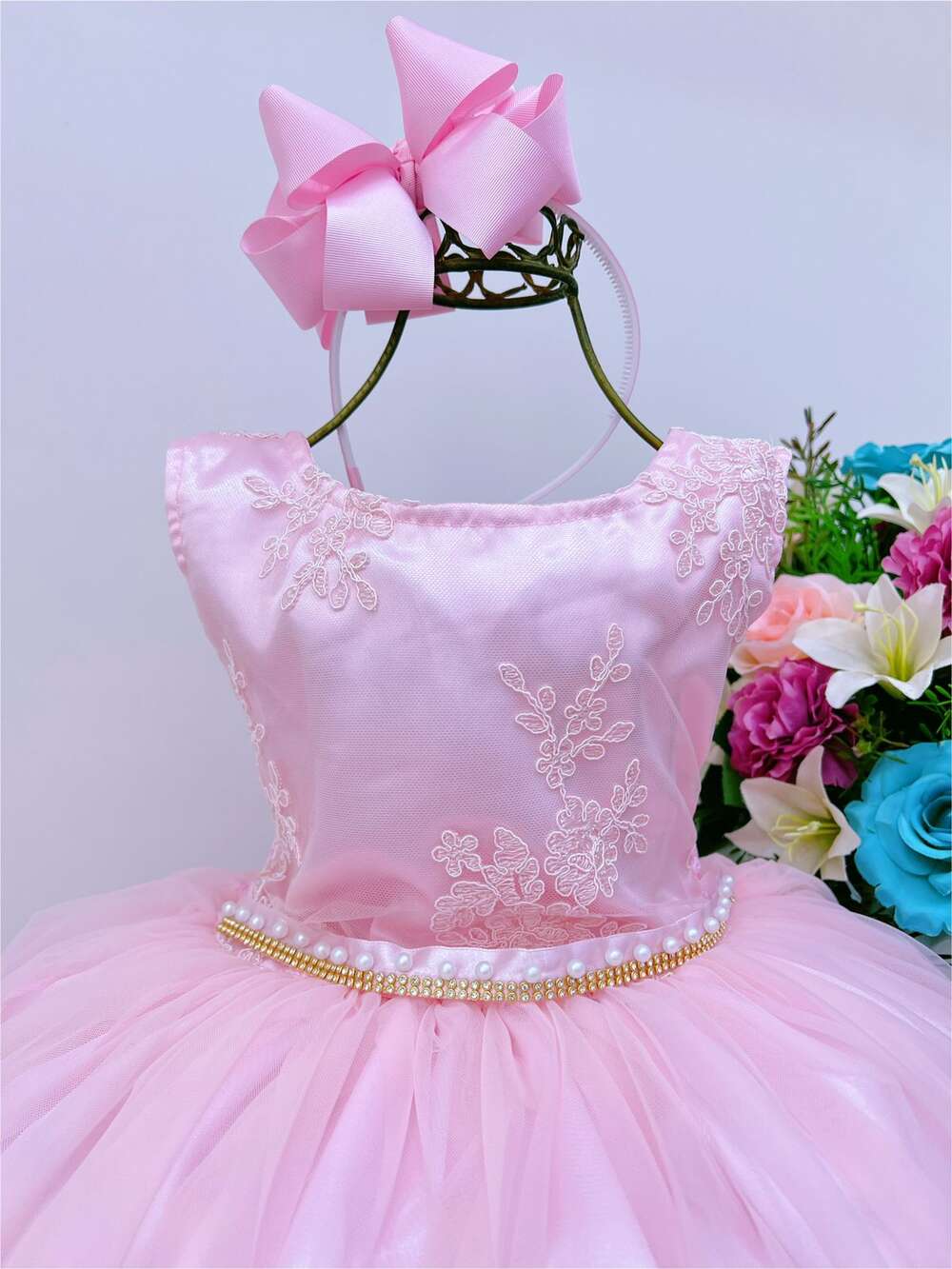 Vestido Infantil Rosa Renda Cinto Com Pérolas e Strass