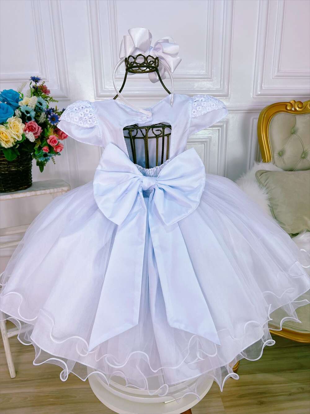 Vestido Infantil Branco Renda C/ Cinto Pérolas Strass Luxo