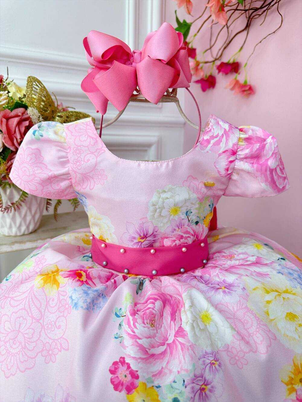 Vestido Infantil Rosa Jardim das Flores Com Pérolas Festas