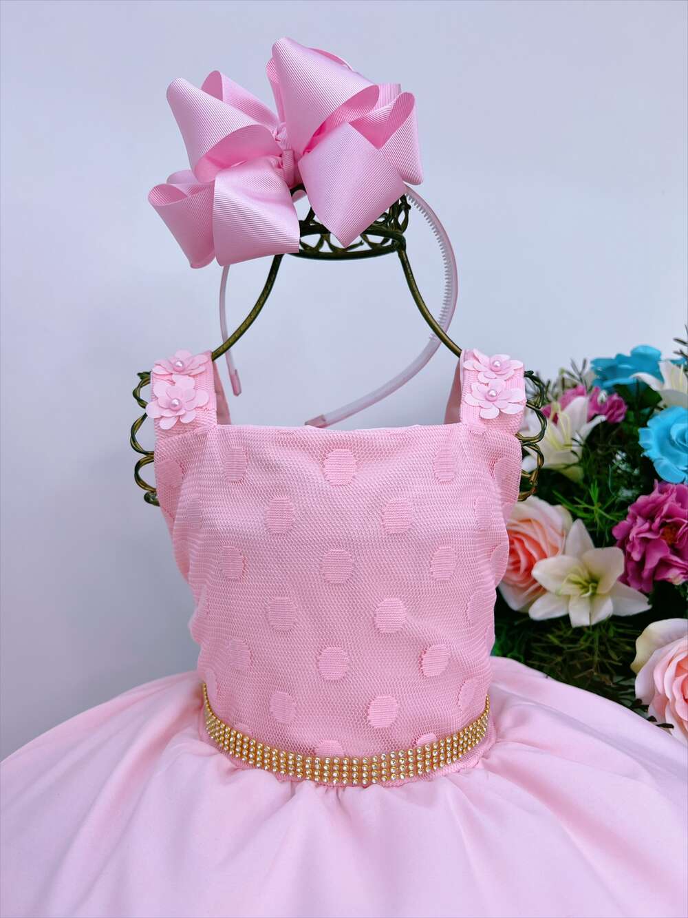 Vestido Infantil Rosa Bolinhas Aplique Flores Strass