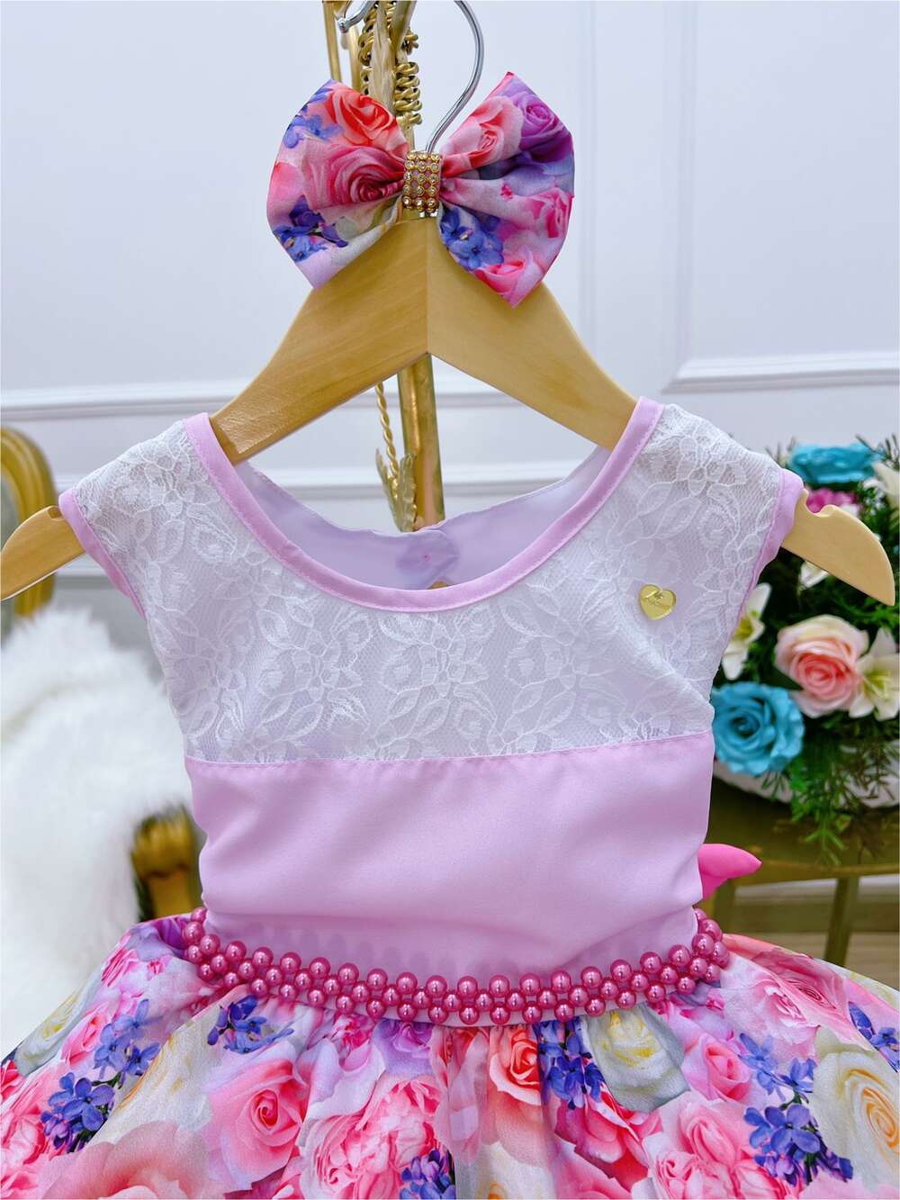 Vestido Infantil Rosa Florido C/ Laço e Cinto Pérolas Luxo