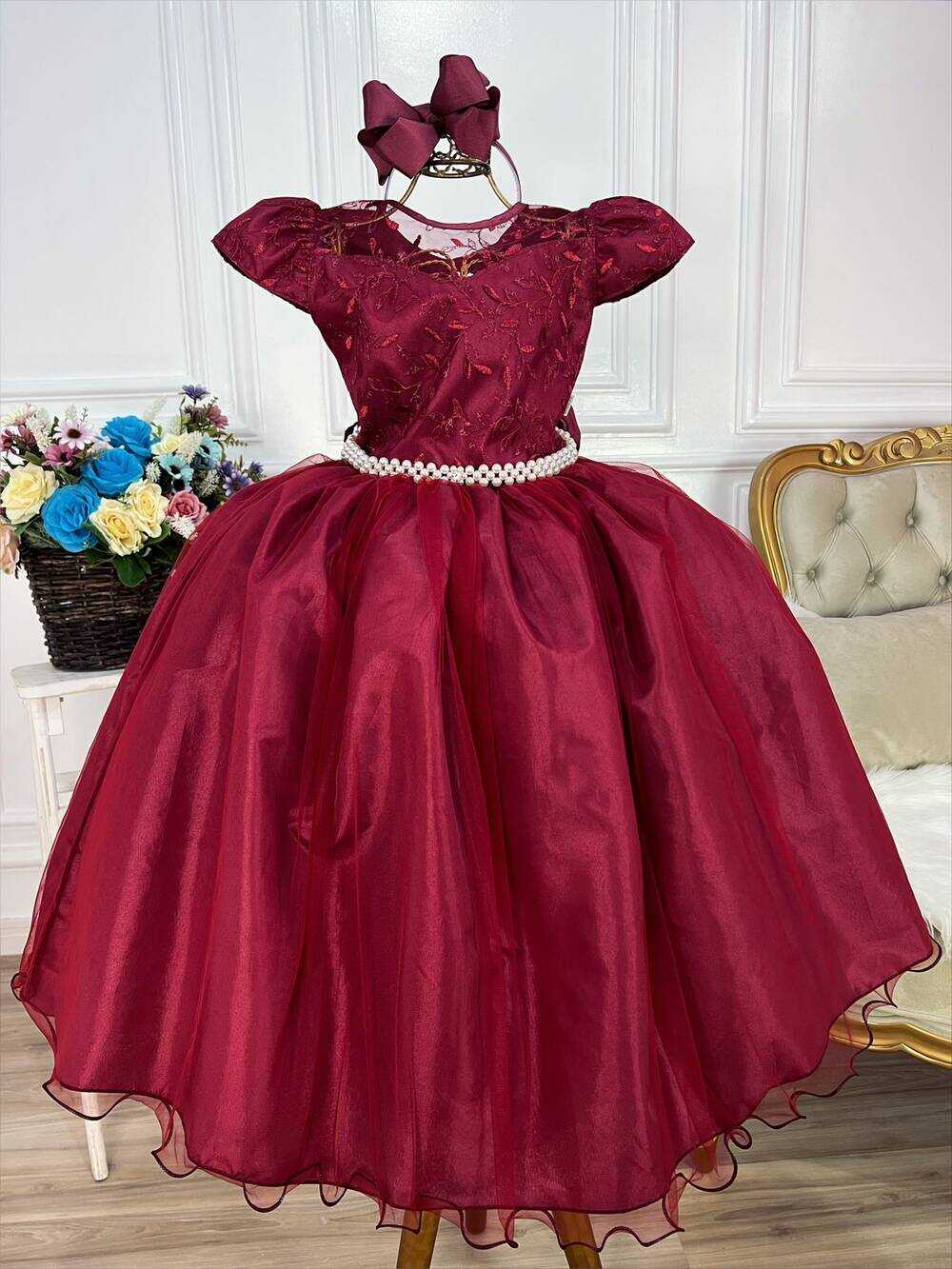 Vestido Infantil Marsala Damas Honra Casamento Renda Pérolas