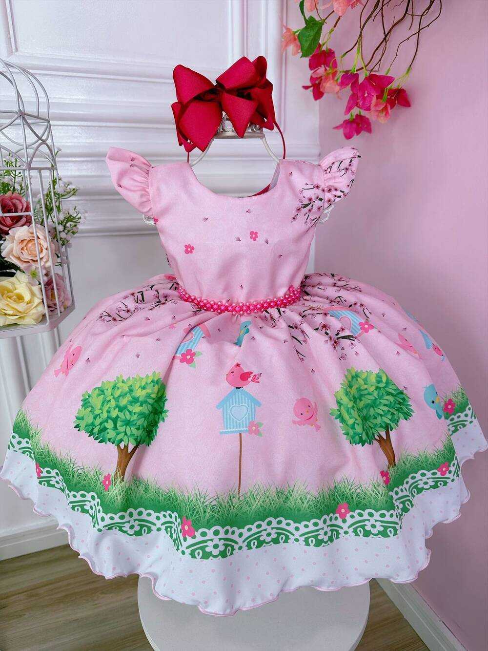 Vestido Infantil Rosa Jardim Encantado C/ Cinto de Pérolas