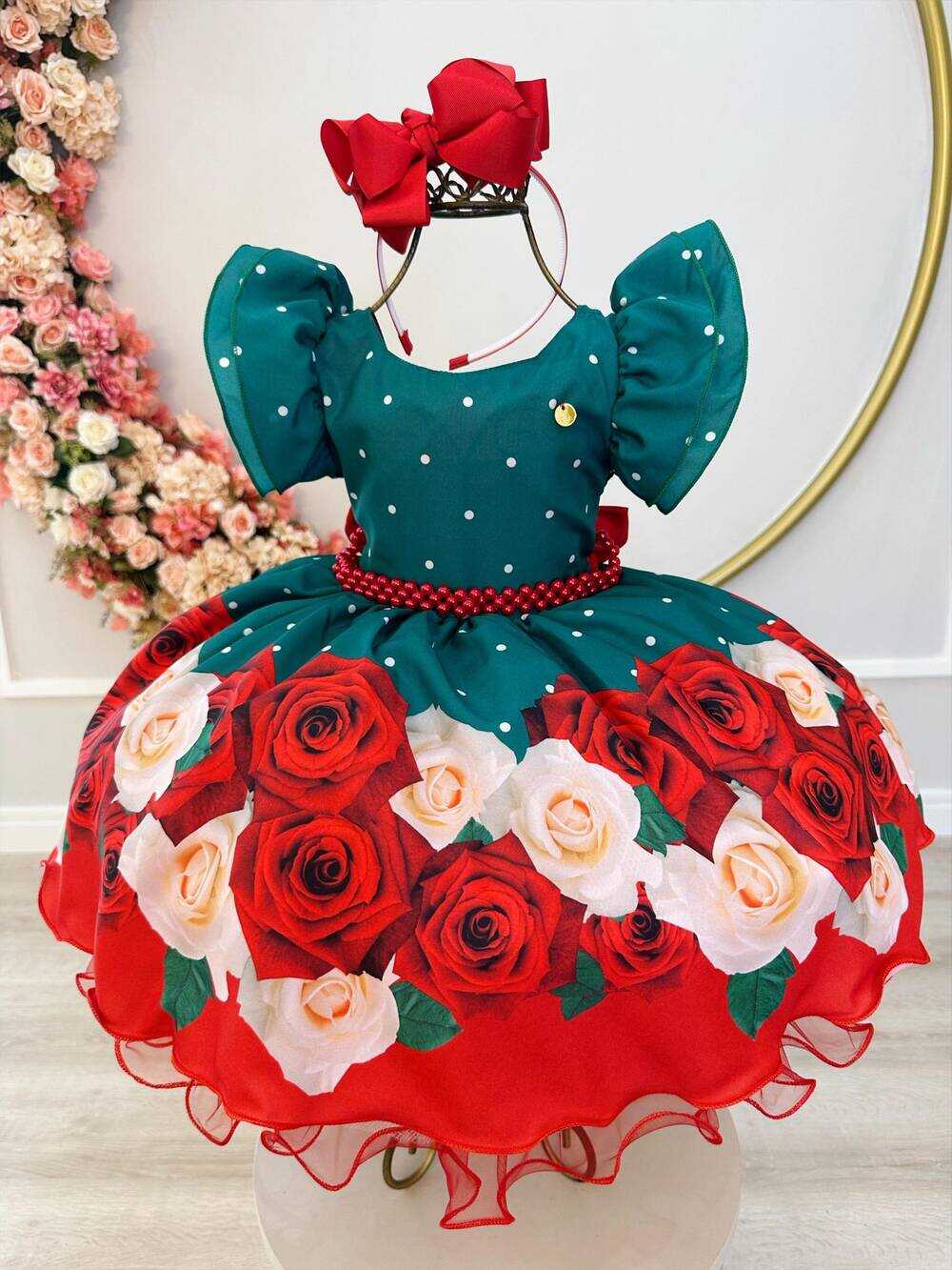 Vestido Infantil Verde Florido C/ Cinto Pérolas Natal Festas