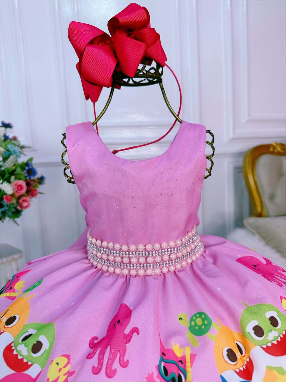 Vestido Infantil Baby Shark Cinto Pérolas e Strass Luxo