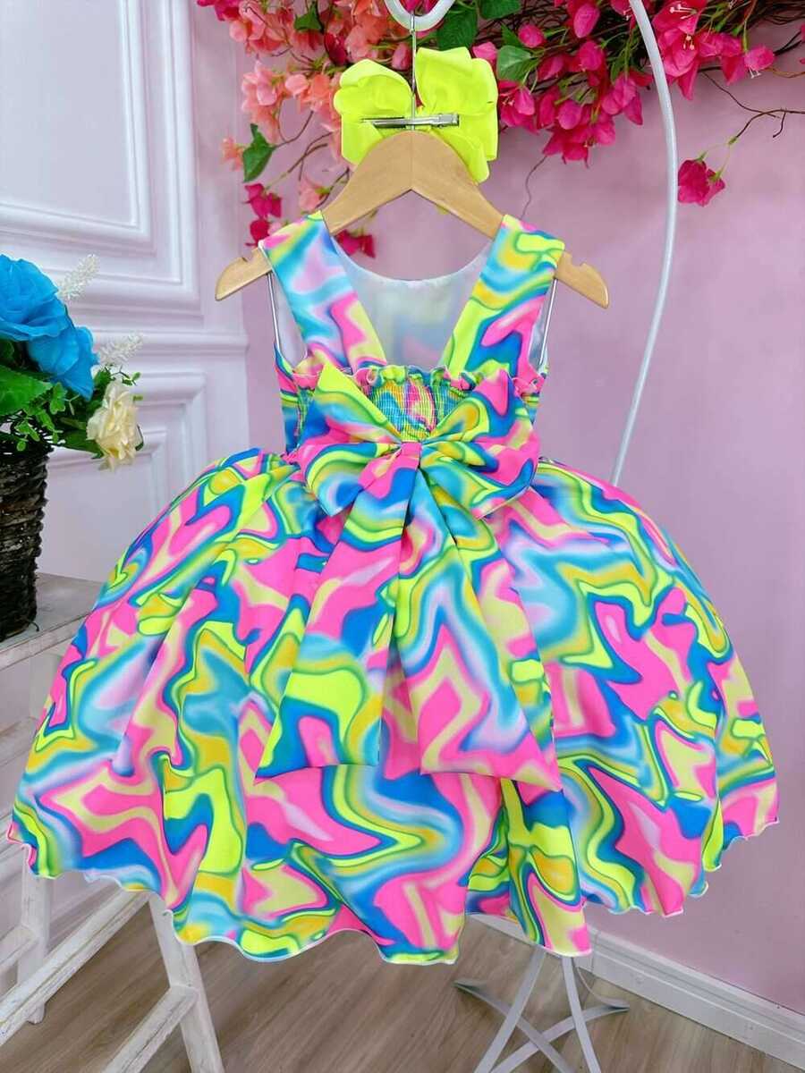 Vestido Infantil Barbie Colorido Neon C/ Broche de Laço