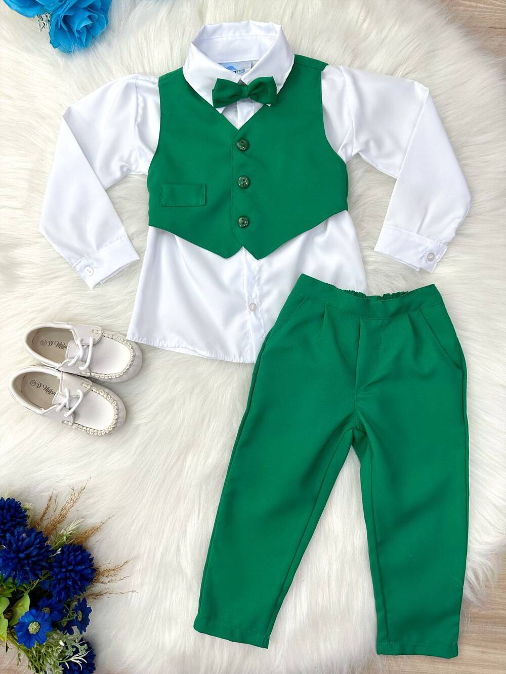 Conjunto Social Camisa Branca C/ Colete Calça Gravata Verde