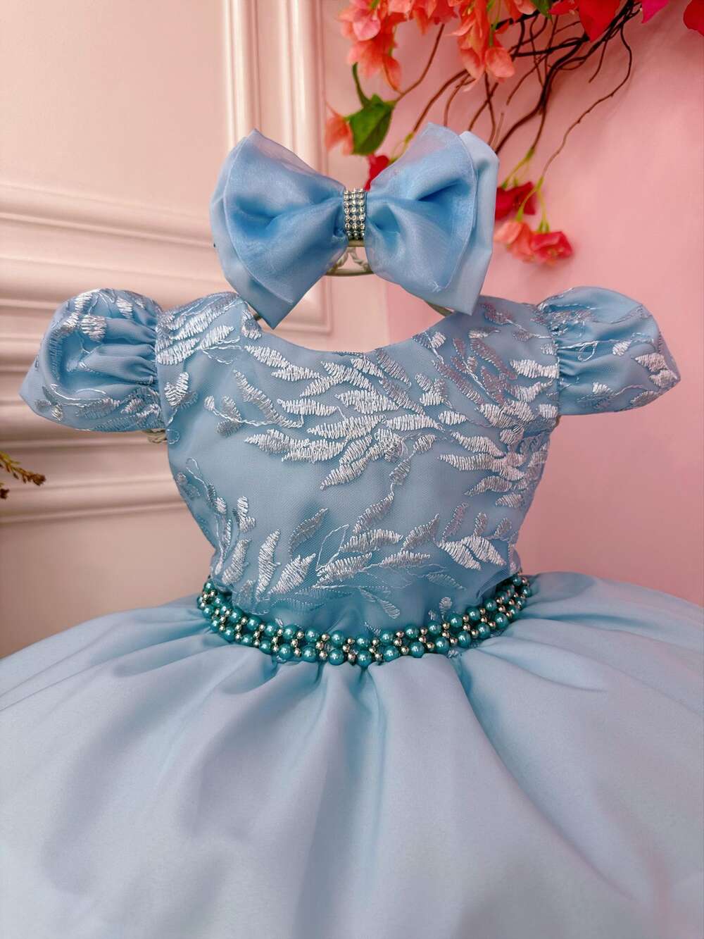 Vestido Infantil Azul Com Renda Cinto de Pérolas e Tiara